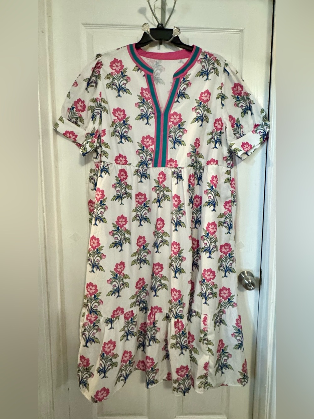 Women’s Floral Tiered Cotton Dress - White with Pink & Blue